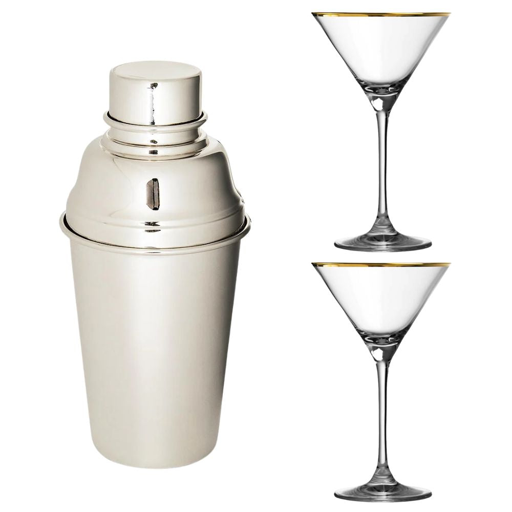 Lujoso set de coctelera plateada y copas con borde dorado