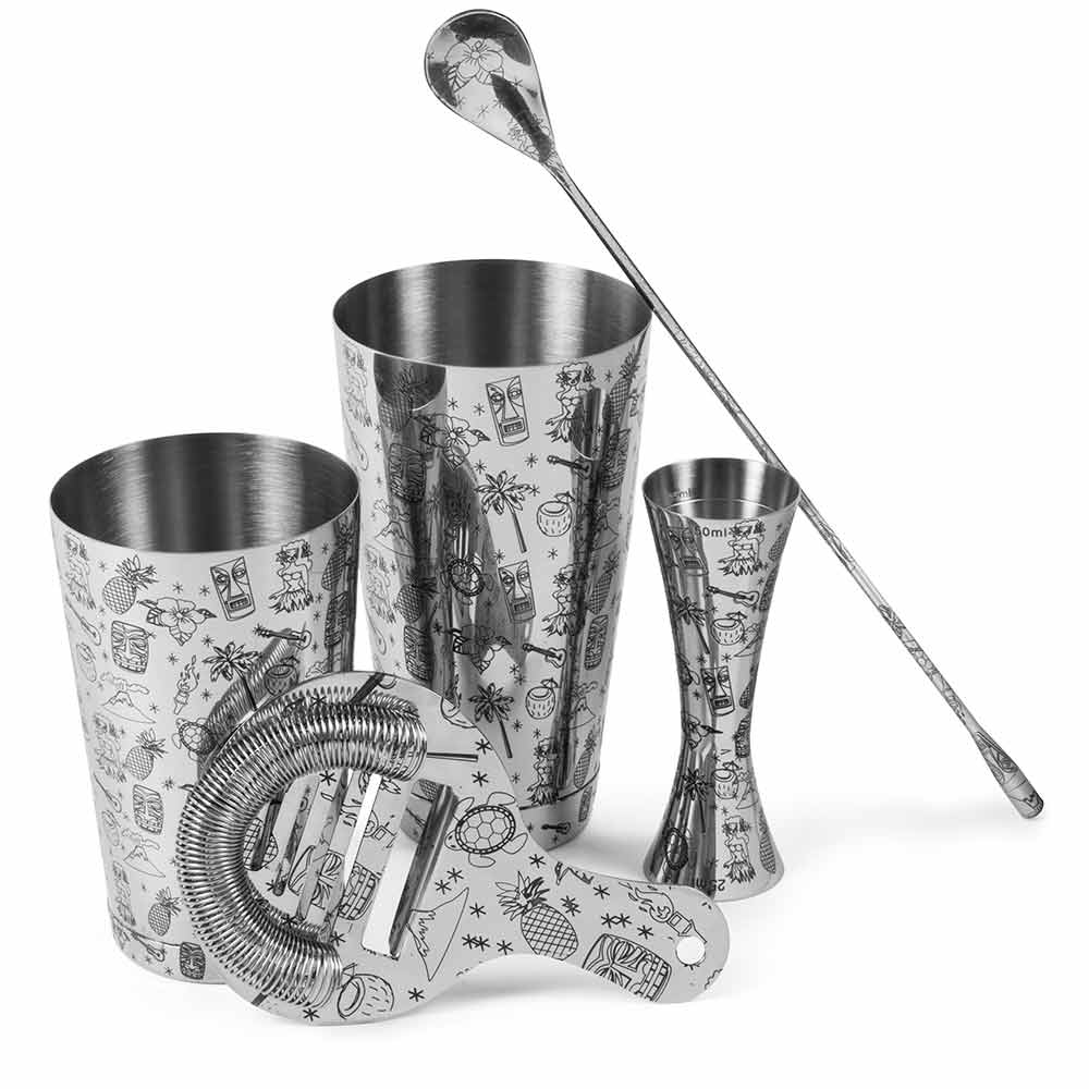 Juego de cóctel Tiki de 5 piezas de acero inoxidable con coctelera, medidor, cuchara y colador