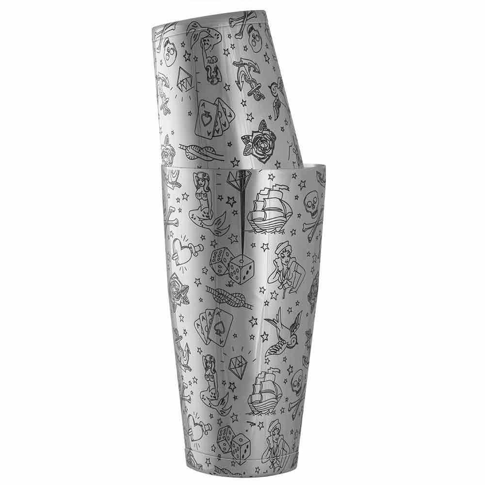 Tattoo Ensemble de cocktail 5 pièces en acier inoxydable, shaker tin-on-tin, doseur, cuillère et passoire
